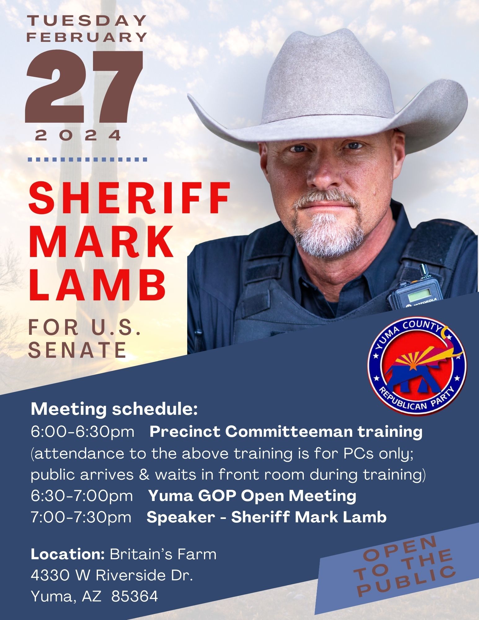 Yuma County GOP Open Meeting - NOTE: Speaker Sheriff Lamb & Change of venue!